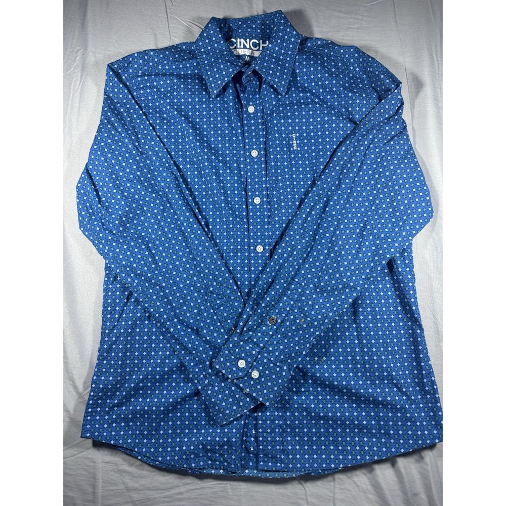 Cinch Modern Fit Men's Blue Geometric Pattern Long Sleeve Button Up Shirt Size M